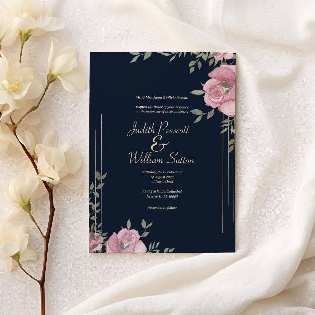 Convite Casamento floral cor-de-rosa-marinho azul-romântic (Romantic pink navy blue gold floral wedding)