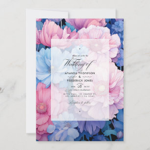 Convite Casamento Floral Cor-de-Rosa Mole e Azul