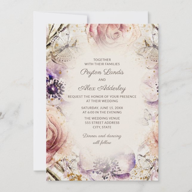 Convite Casamento Floral Cor-de-Rosa Púrpura Elegante (Frente)