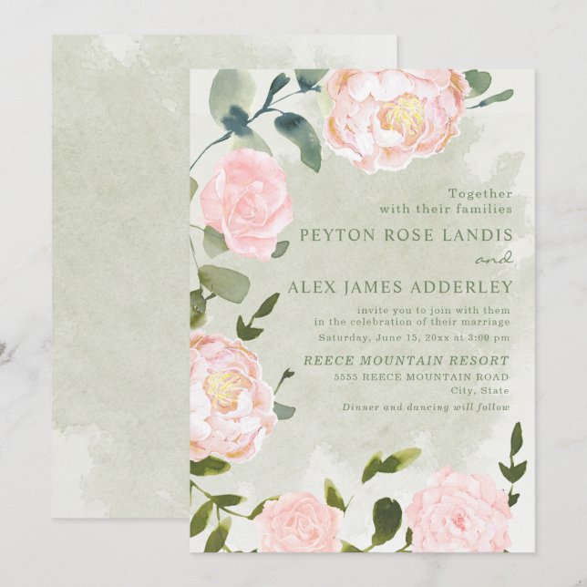 Convite Casamento Floral Cor-de-Rosa Romântico de Primaver (Frente/Verso)