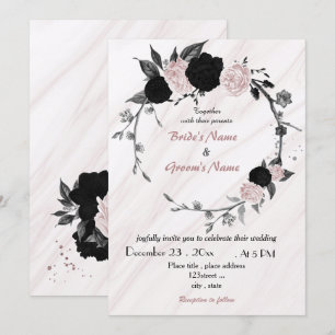 Convite casamento floral cor-de-rosa suave e preto