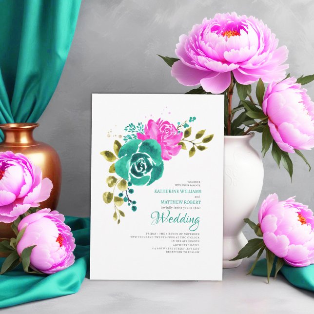 Convite Casamento Floral Cor-de-Rosa Teal Bright (Criador carregado)