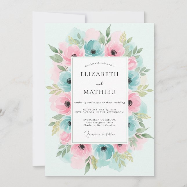 Convite Casamento Floral Cor-de-Teal Rosa (Frente)