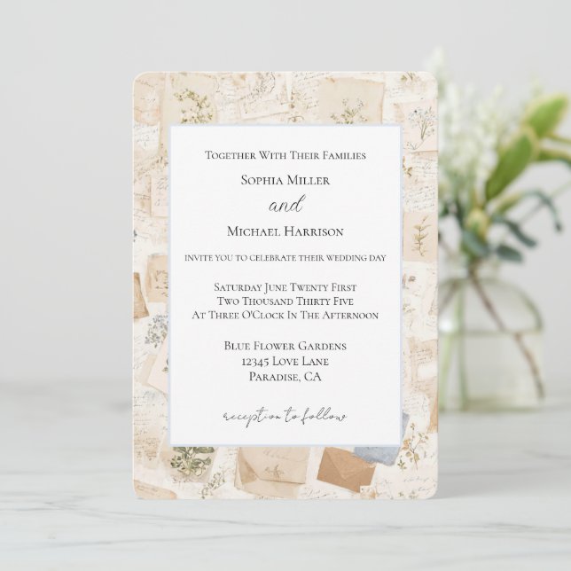 Convite Casamento Floral Coração Envelope Azul Claro Franc (Em pé/Frente)