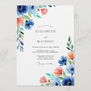Convite Casamento Floral Coral Azul