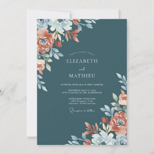 Convite Casamento Floral Coral Azul Empoeirado