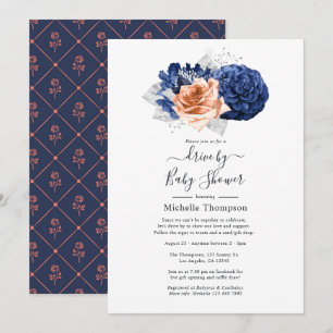 Convite Casamento Floral Coral, Azul Marinho e Prata