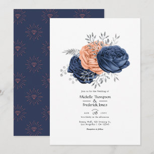 Convite Casamento Floral Coral, Azul Marinho e Prata
