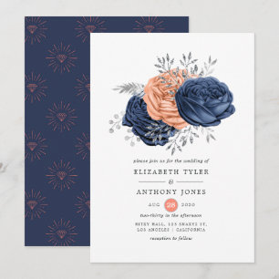 Convite Casamento Floral Coral, Azul Marinho e Prata