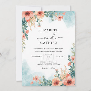 Convite Casamento Floral Coral Blossom Watercolor