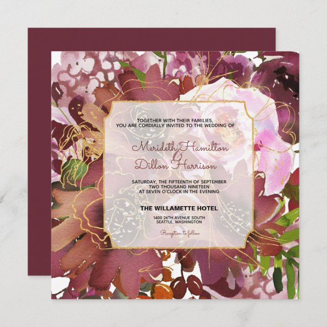 Convite Casamento Floral Coral Boho Dourado Elegante Burgu (Frente/Verso)