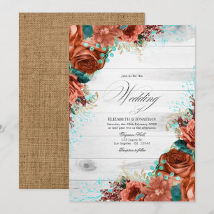 Convite Casamento Floral Coral e Azul Turquesa em Celeiro 