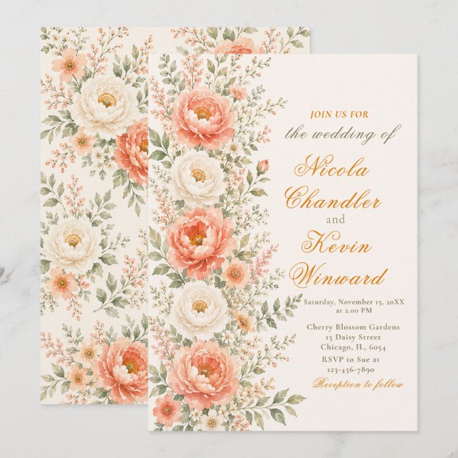 Convite Casamento Floral Coral e Sage (Frente/Verso)