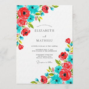 Convite Casamento Floral Coral e Turquesa Caprichoso