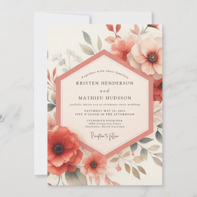 Convite Casamento Floral Coral em Flor (Frente)