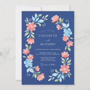 Convite Casamento Floral Coral Marinho