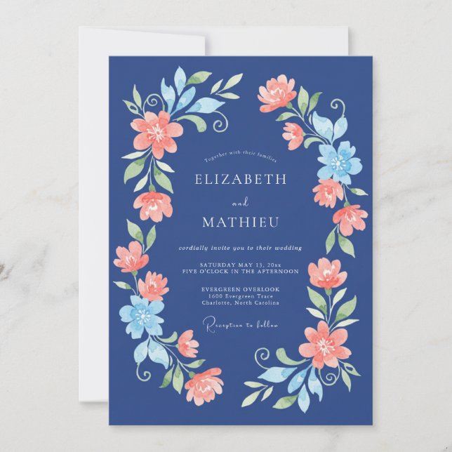 Convite Casamento Floral Coral Marinho (Frente)