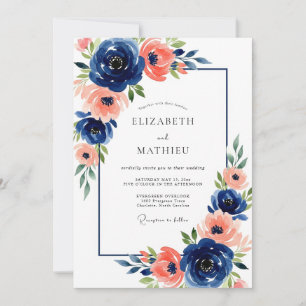 Convite Casamento Floral Coral Navy Bloom