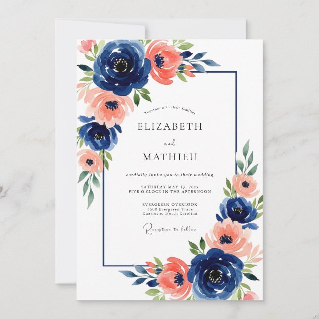 Convite Casamento Floral Coral Navy Bloom (Frente)