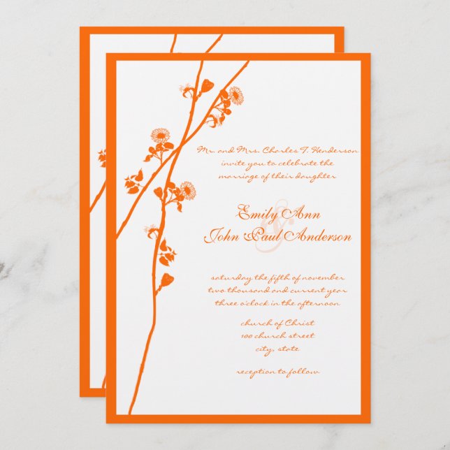 Convite Casamento Floral Coral Orange Wildflower (Frente/Verso)