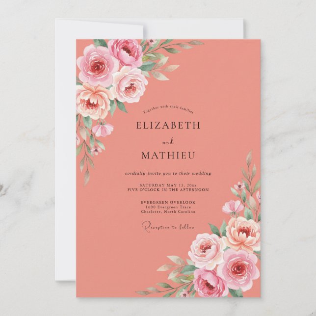 Convite Casamento Floral Coral Pintado (Frente)