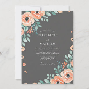 Convite Casamento Floral Coral Sofisticado com Carvão