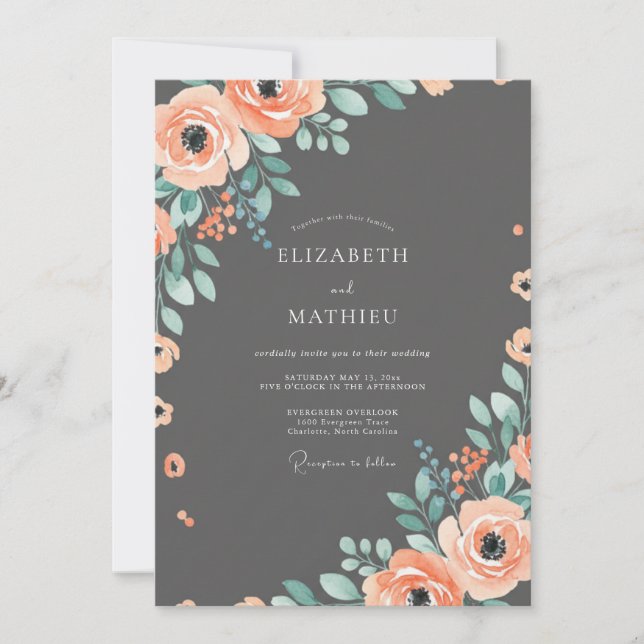 Convite Casamento Floral Coral Sofisticado com Carvão (Frente)