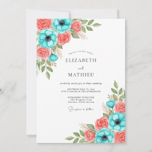 Convite Casamento Floral Coral Turquesa