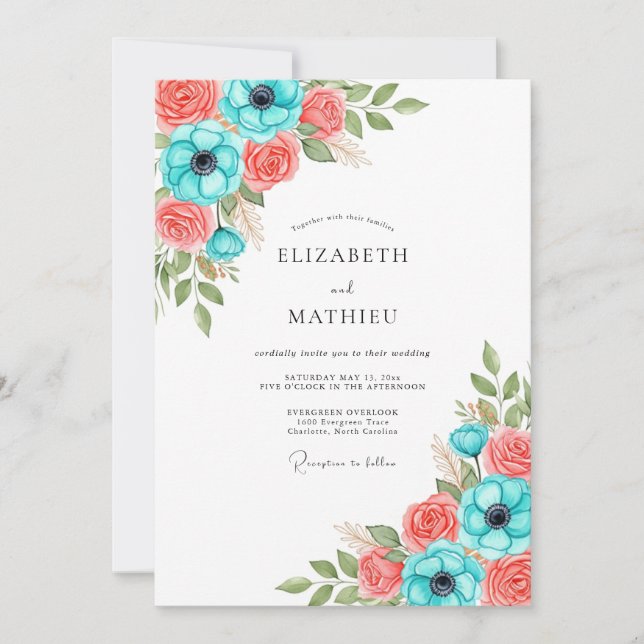 Convite Casamento Floral Coral Turquesa (Frente)