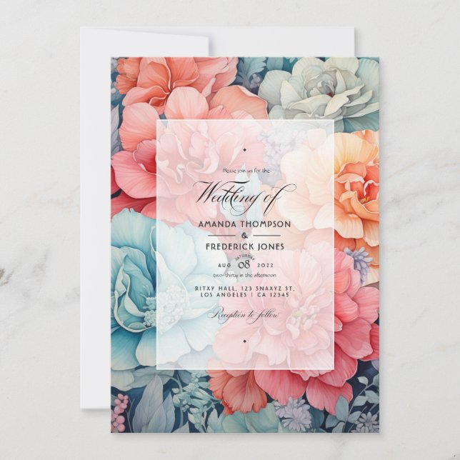 Convite Casamento Floral Coral, Turquesa e Cinza Claro (Frente)