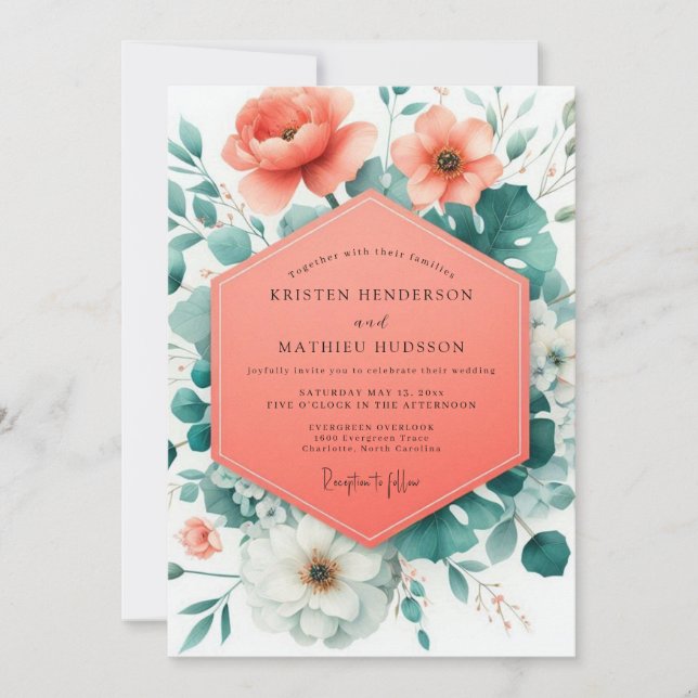 Convite Casamento Floral Coral Viridian (Frente)