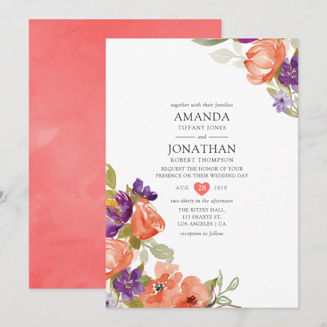 Convite Casamento Floral Coral Vivo (Frente/Verso)