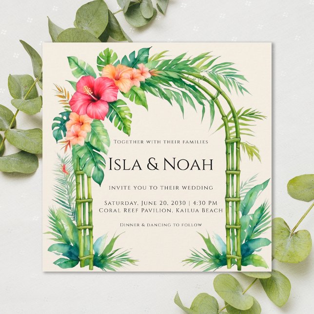 Convite Casamento Floral Costeira com Arco de Bambu Tropic (Criador carregado)