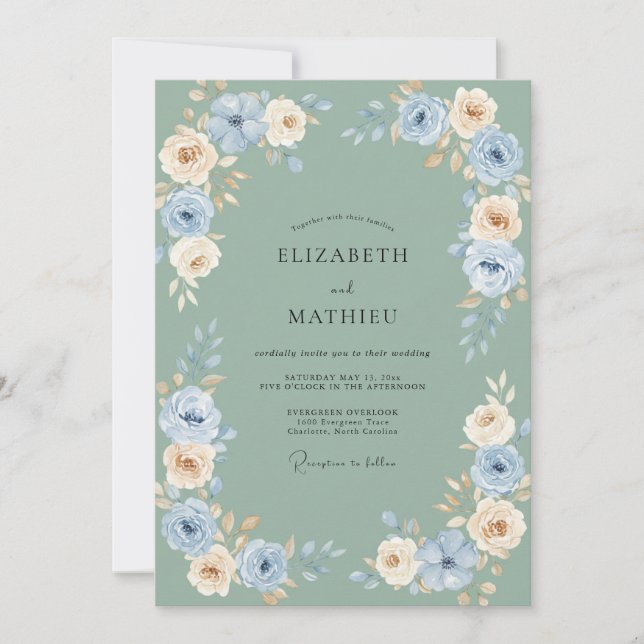 Convite Casamento Floral Creme Azul (Frente)