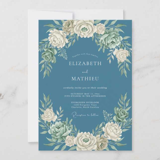 Convite Casamento Floral Creme Azul Empoeirado (Frente)