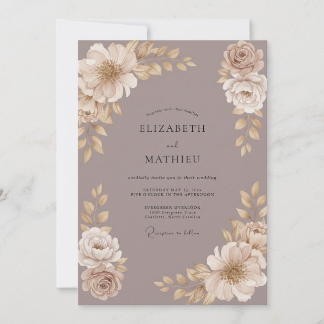 Convite Casamento Floral Creme Bege (Frente)