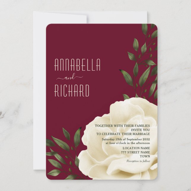 Convite Casamento Floral Creme Borgonha (Frente)