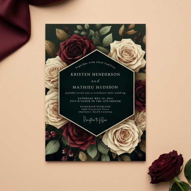 Convite Casamento Floral Creme Borgonha Romance (Criador carregado)