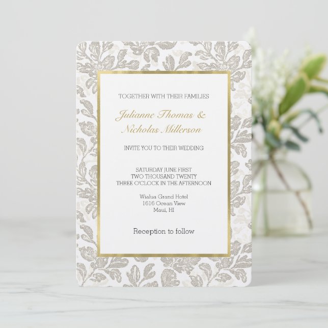 Convite Casamento Floral Creme Branco Chic (Em pé/Frente)
