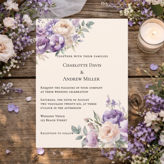 Convite Casamento floral creme champanhe lavanda (Criador carregado)