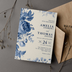 Convite Casamento Floral Creme Clássico Elegante e Azul Fr