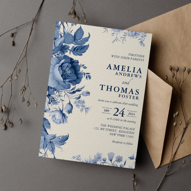 Convite Casamento Floral Creme Clássico Elegante e Azul Fr (Criador carregado)