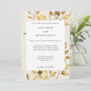 Convite Casamento Floral Creme Dourado Romântico