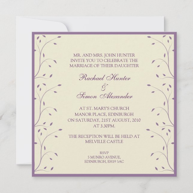 Convite Casamento Floral creme e Roxo (Frente)