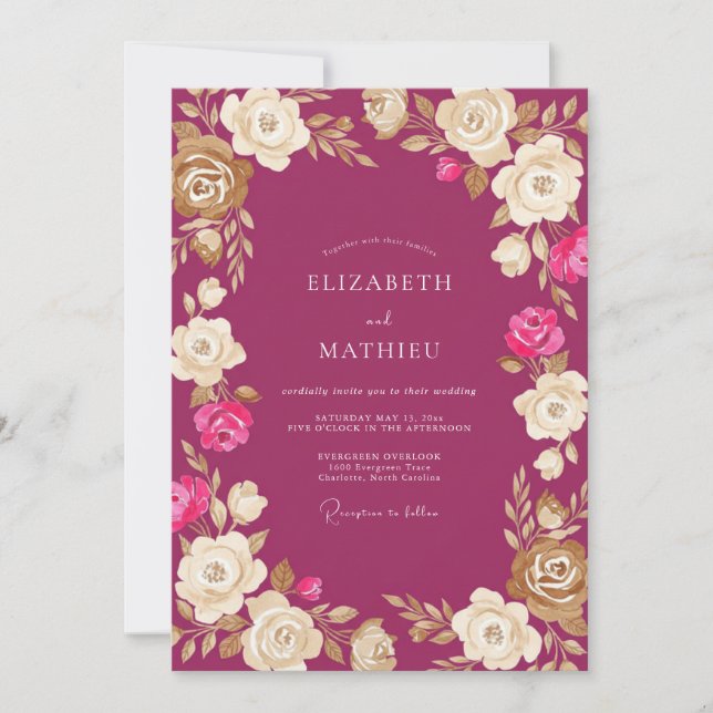 Convite Casamento Floral Creme Magenta (Frente)