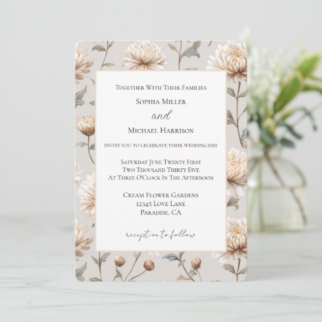 Convite Casamento Floral Creme Marrom Cacau (Em pé/Frente)