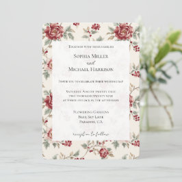 Convite Casamento Floral Creme Vermelho Chic Bonito