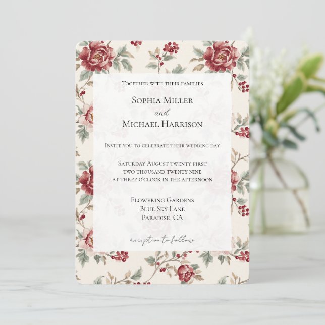 Convite Casamento Floral Creme Vermelho Chic Bonito (Em pé/Frente)