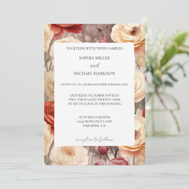 Convite Casamento Floral Creme Vermelho Romântico (Em pé/Frente)
