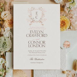 Convite Casamento Floral Crest Rosa Elegante Bege
